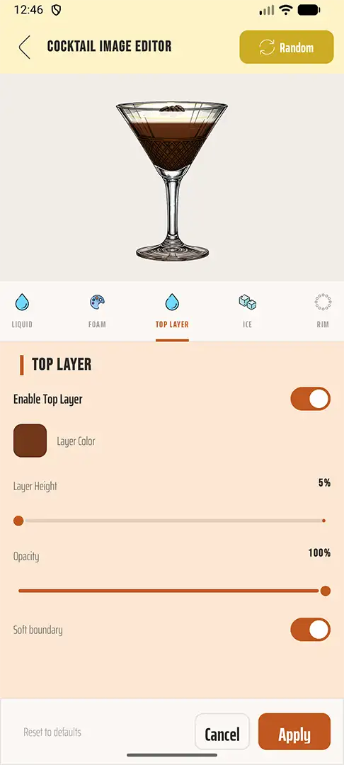 Procedural cocktail image editor - Espresso Martini