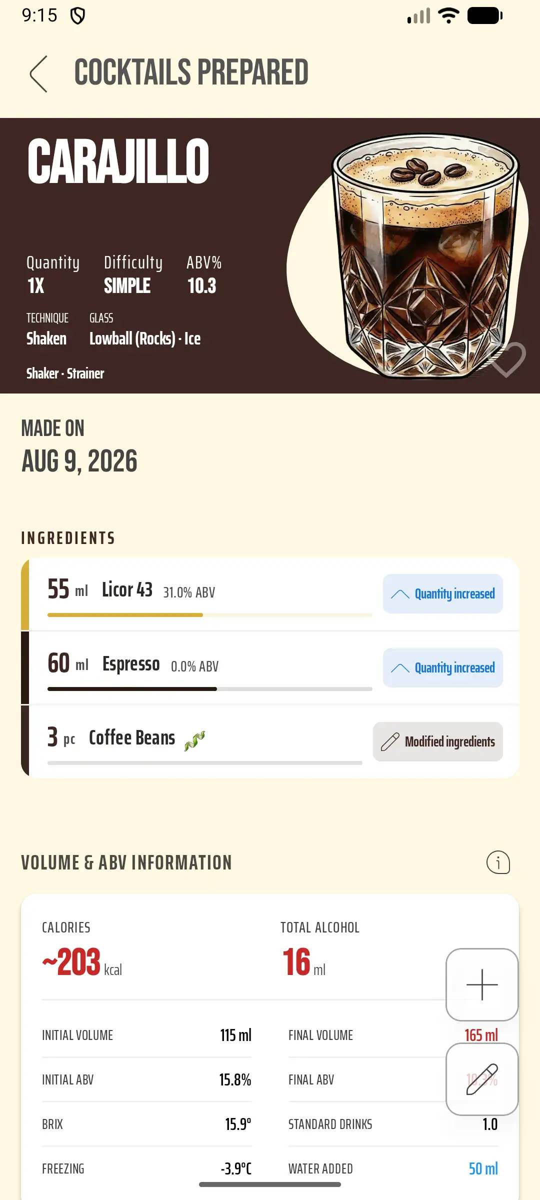 Recipe made log detail - Carajillo